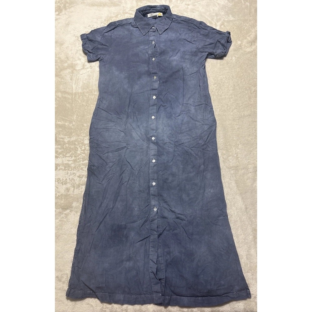 C & C California Linen Shirt Dress Womens Small Blue Button Up Pockets Vented